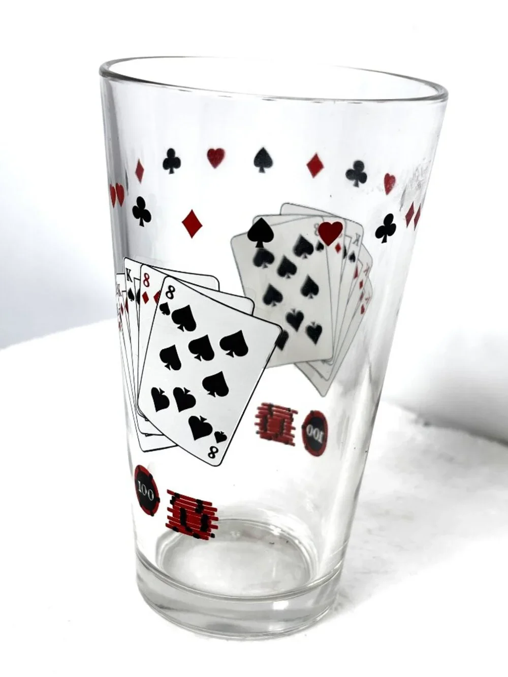 VTG Barware Set of 4 Beer Glasses Full House Playing Cards  w/ Poker Chips